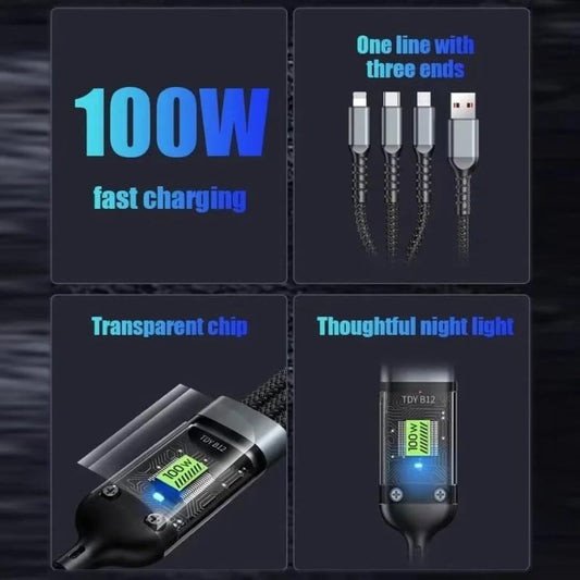 D-11 3in1 Multifunctional Convenient Super Fast Charging Data Cable With Data Transfer Function 1 Pc